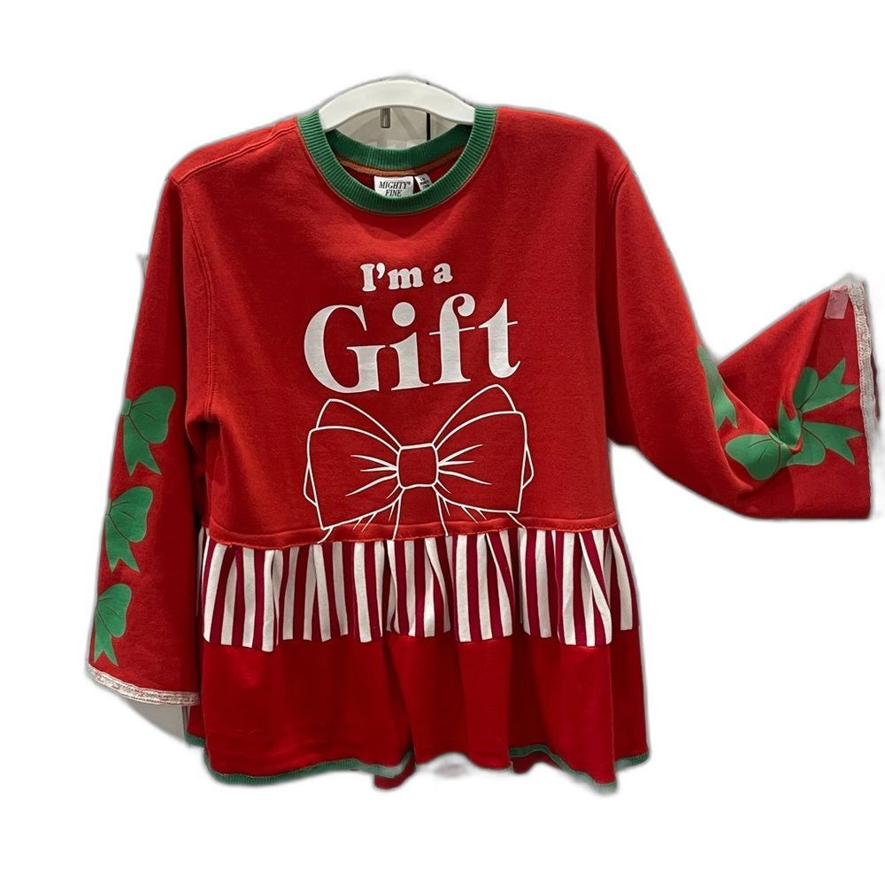 Upcycled "I am a gift"holiday sweatshirt,  bell sleeves and peplum.  Size women'